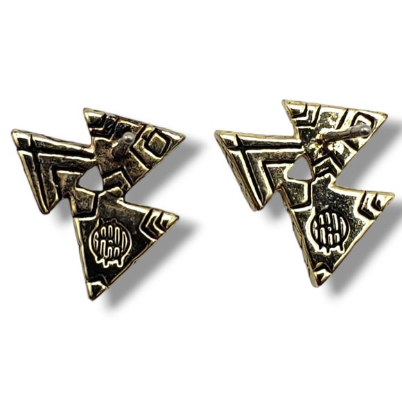 Gold Tone Black Enamel Multi Triangle Stud Earrings Geometric Small - Picture 4 of 7